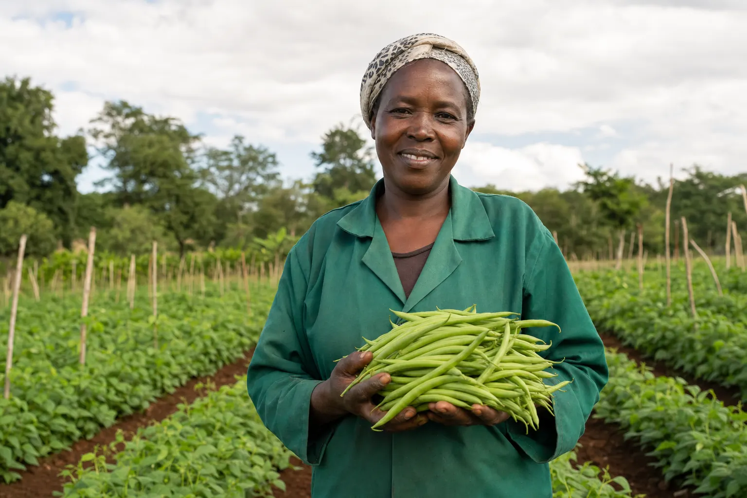 Ugandan farmers harvesting and gathering fresh produce in the field.