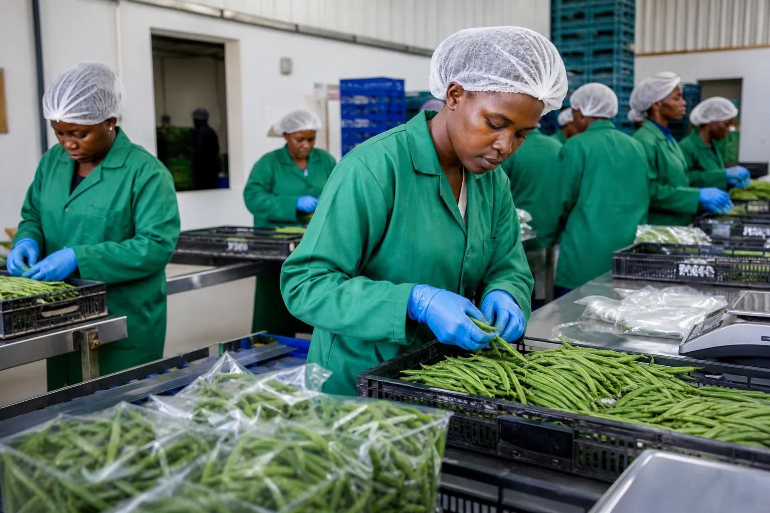 Fresh produce being sorted, packed, and prepared for export in a clean facility.
