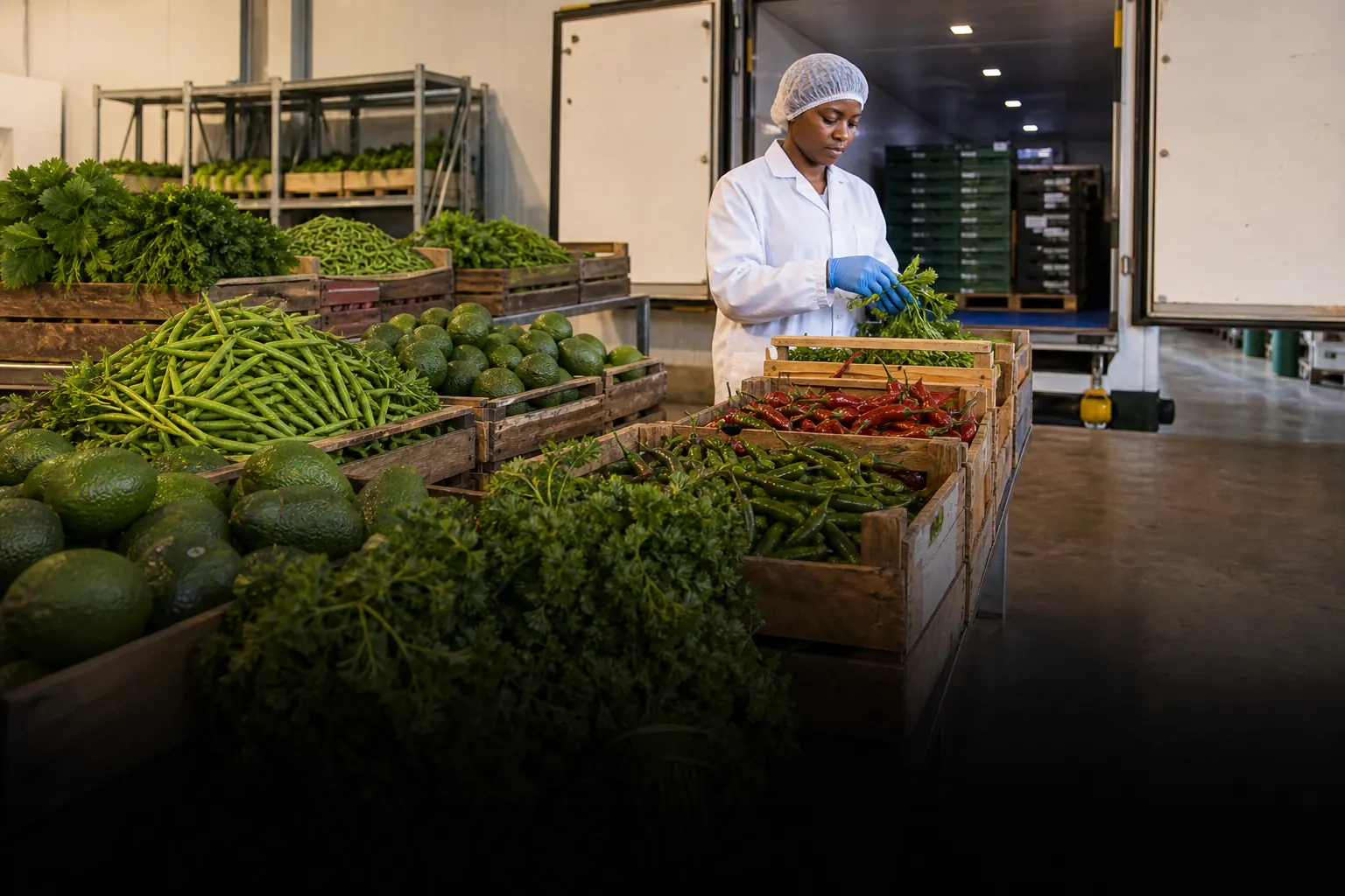 A clean Ugandan produce packhouse with crates of avocados, herbs, chillies and beans beside a chilled loading area.